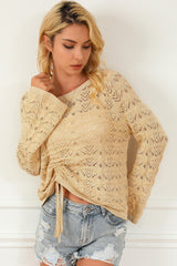Khaki Hollowed Knit Asymmetric Drawstring Sweater Sweaters & Cardigans JT's Designer Fashion