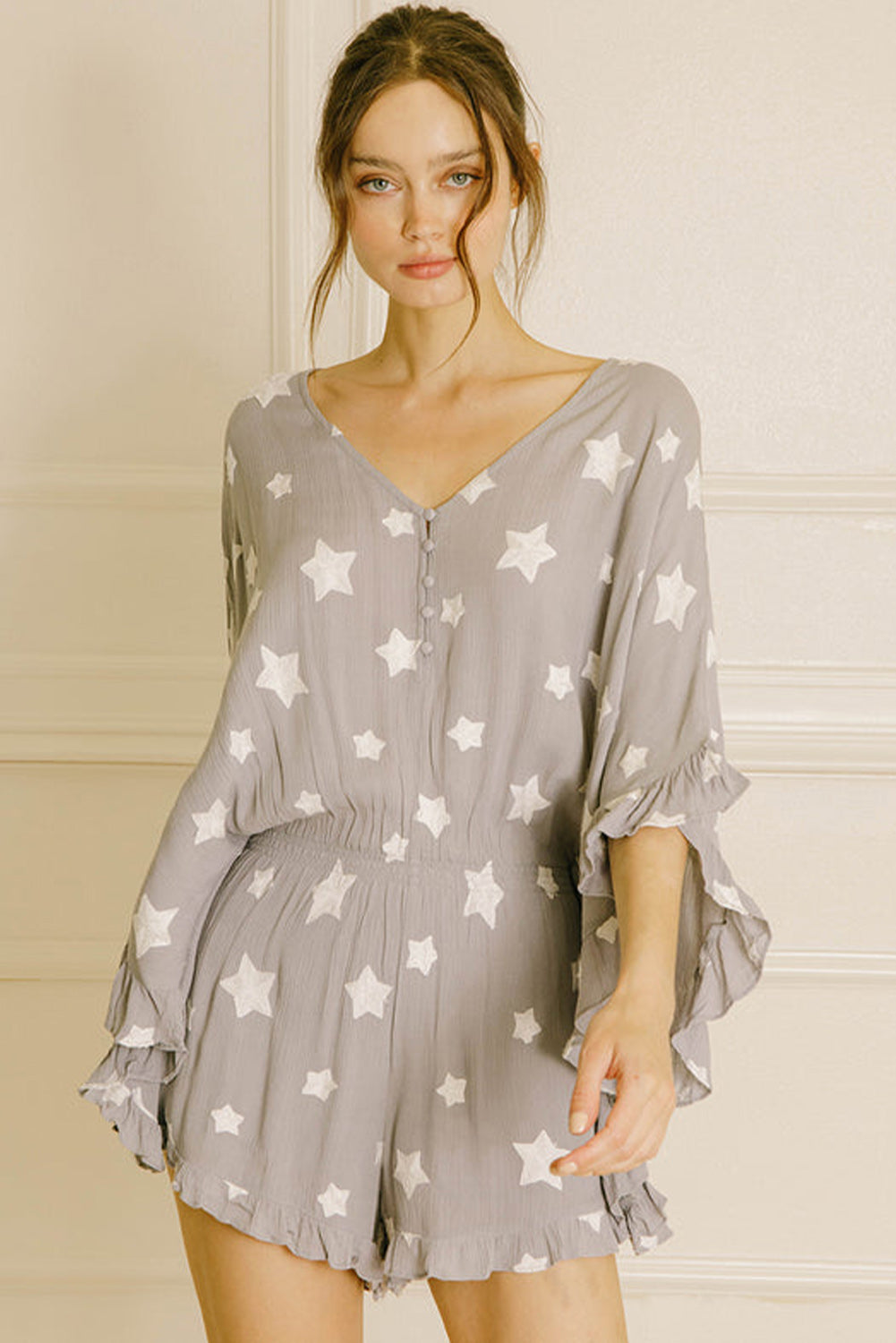 Gray Star Print Crinkle Textured Kimono Ruffle Sleeve Romper Bottoms JT's Designer Fashion