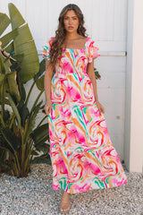 Pink Abstract Print Ruffled Sleeve Smocked Bust Long Dress Maxi Dresses JT's Designer Fashion