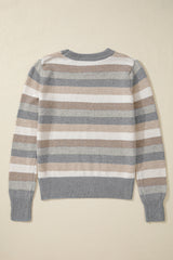 Gray Stripe Color Block Ribbed Edge Round Neck Sweater Sweaters JT's Designer Fashion