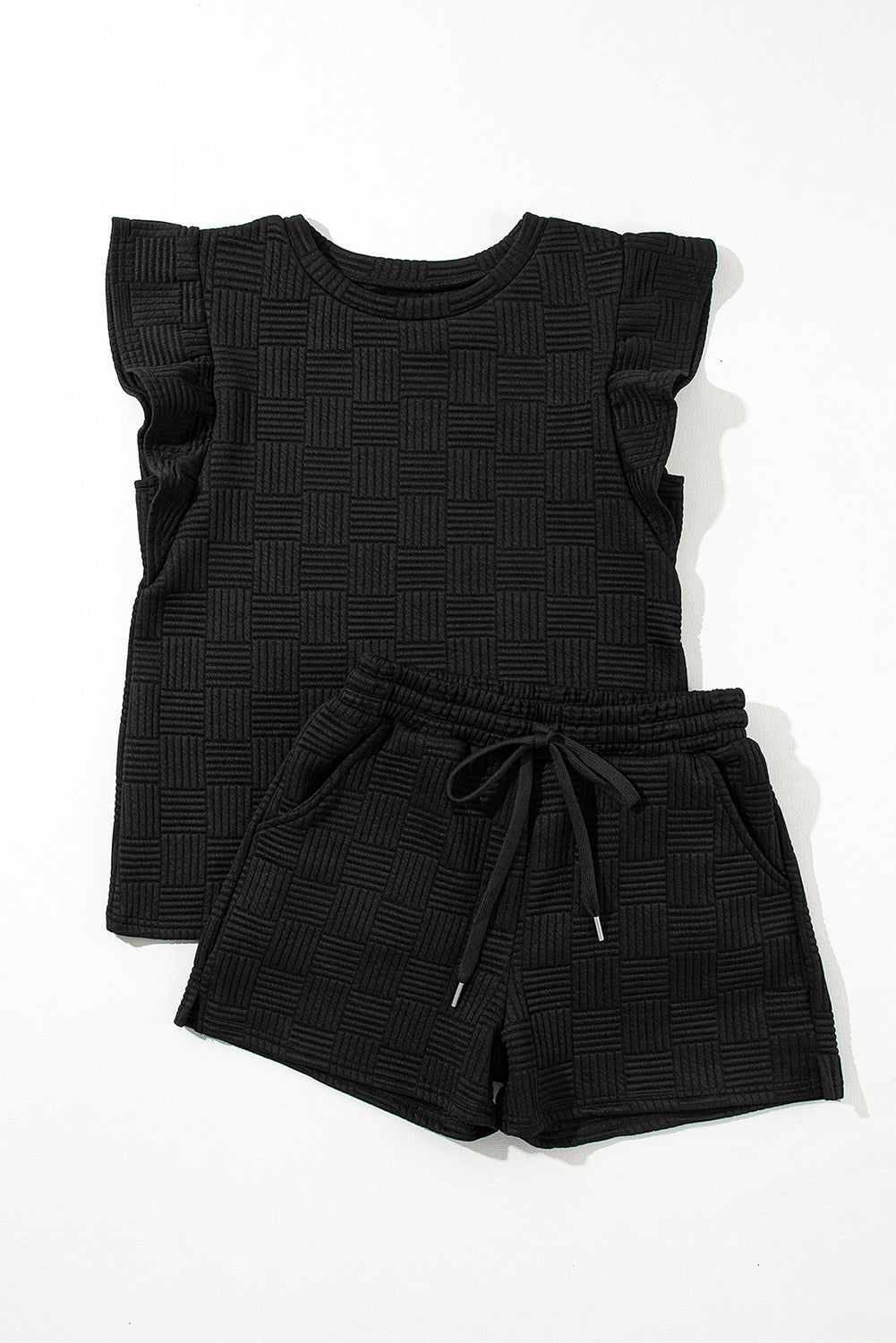 Black Textured Ruffled Sleeve Tee and Drawstring Elastic Waistband Shorts Set Short Sets JT's Designer Fashion