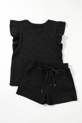 Black Textured Ruffled Sleeve Tee and Drawstring Elastic Waistband Shorts Set Short Sets JT's Designer Fashion