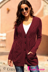 Burgundy Front Pocket and Buttons Closure Cardigan Sweaters & Cardigans JT's Designer Fashion