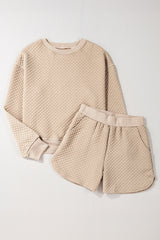 Parchment Solid Color Quilted Long Sleeve Top and Shorts Set Short Sets JT's Designer Fashion