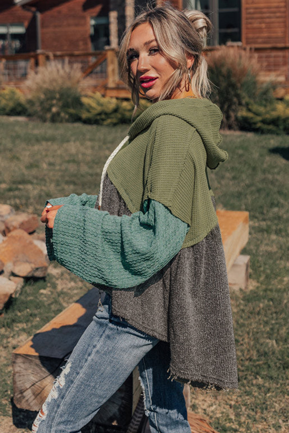 Laurel Green Mixed Textured Colorblock Patchwork Wide Sleeve Frayed High Low Hooded Top Long Sleeve Tops JT's Designer Fashion