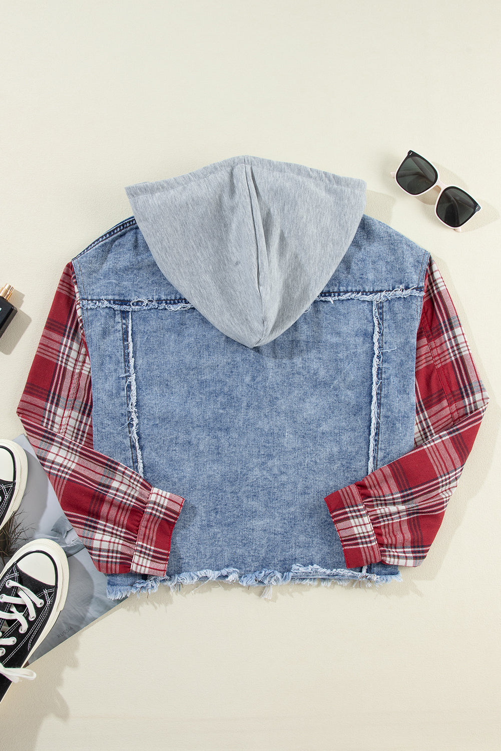 Beau Blue Plaid Print Patchwork Hooded Raw Hem Denim Jacket Denim Jackets JT's Designer Fashion