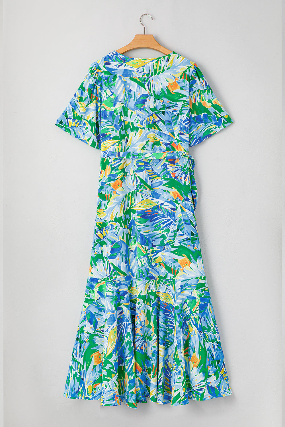 Green Leaves Print Short Sleeve Surplice Neck Ruffled Trim Plus Size Maxi Dress Plus Size Maxi Dresses JT's Designer Fashion