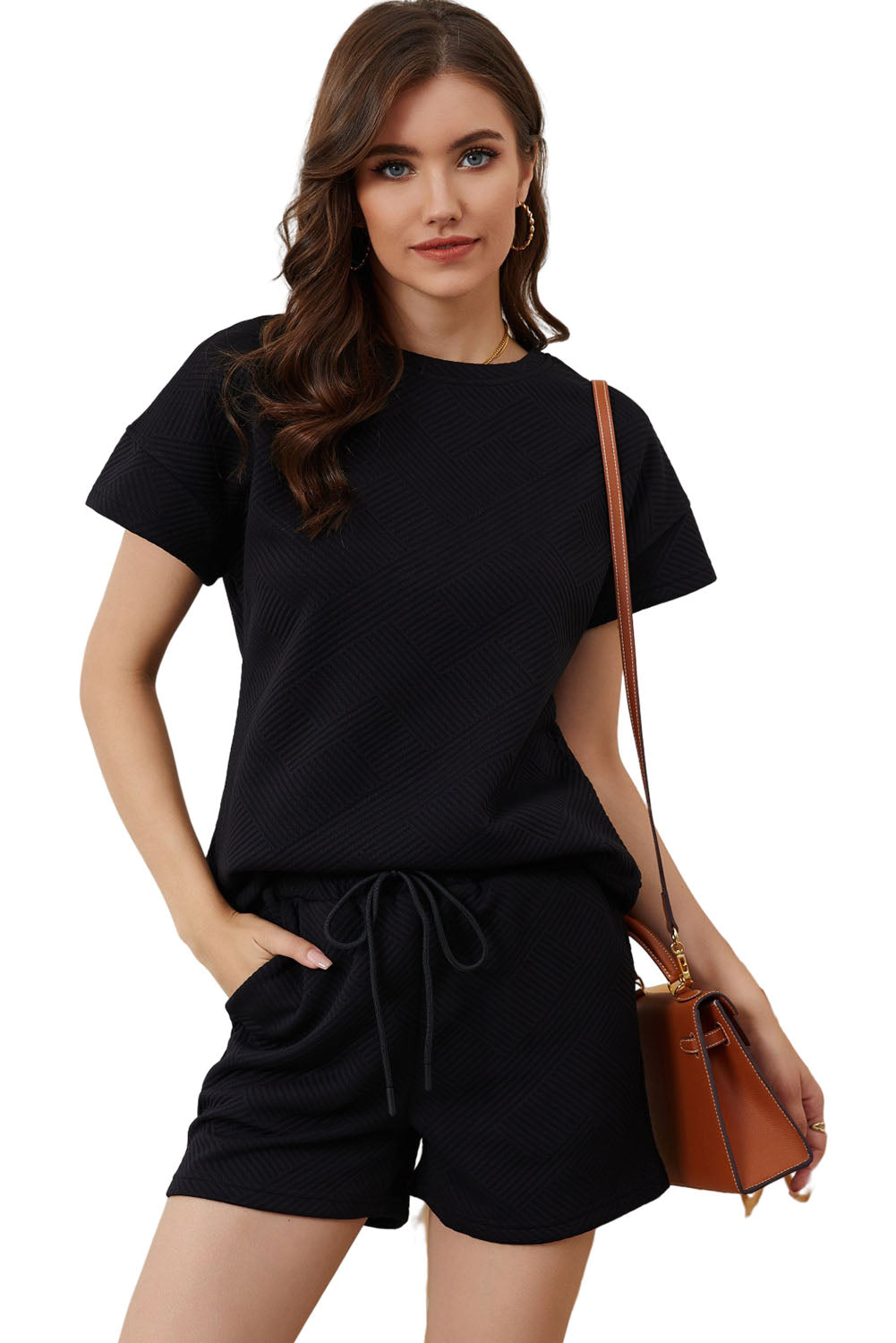 Black 2pcs Solid Textured Drawstring Shorts Set Short Sets JT's Designer Fashion