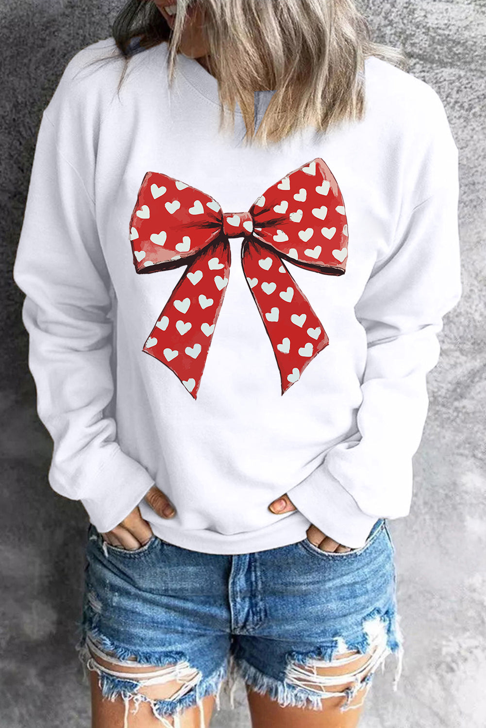 White Heart Bow Printed Round Neck Valentines Pullover Sweatshirt Graphic Sweatshirts JT's Designer Fashion
