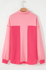 Peach Blossom Two Tone Contrast Waffle Knit Buttoned Loose Shacket Jackets JT's Designer Fashion