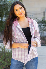 Pink Checkered Print Loose Fit Buttoned Hooded Shacket Plaid Shackets JT's Designer Fashion