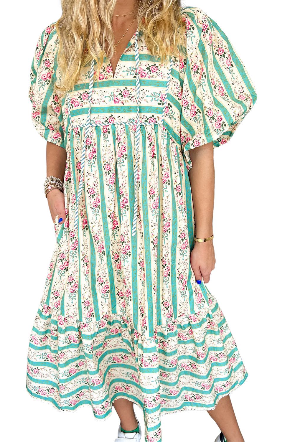 Multicolour Striped Floral Print Tie Split Neck Puff Sleeve Midi Dress Floral Dresses JT's Designer Fashion
