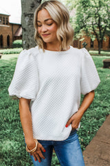 White Solid Textured O Neck Puff Sleeve Blouse Blouses & Shirts JT's Designer Fashion
