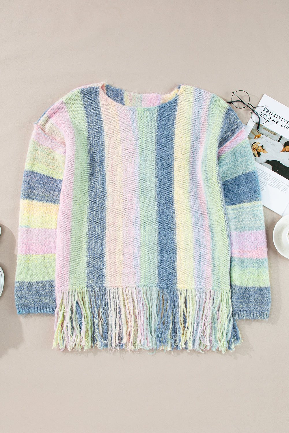 Purple Color Block Fringed Drop Shoulder Tunic Sweater Sweaters JT's Designer Fashion