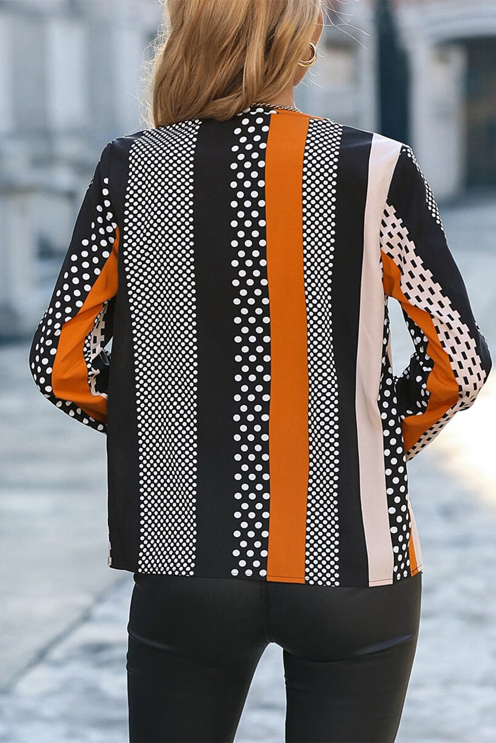 Orange Geo Print Colorblock Notched V Neck Blouse Blouses & Shirts JT's Designer Fashion