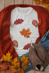 White Halloween Sequined Leaves Graphic Crew Neck T Shirt Graphic Tees JT's Designer Fashion