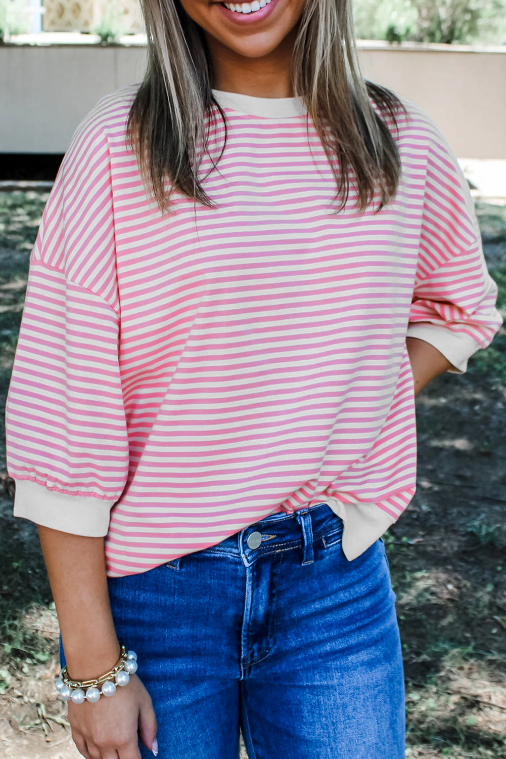 Pink Striped 3/4 Sleeve Drop Shoulder Top Long Sleeve Tops JT's Designer Fashion