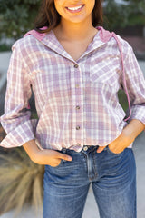 Pink Checkered Print Loose Fit Buttoned Hooded Shacket Plaid Shackets JT's Designer Fashion