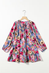 Multicolour Floral Tie Neck Bubble Sleeve Shift Dress Floral Dresses JT's Designer Fashion