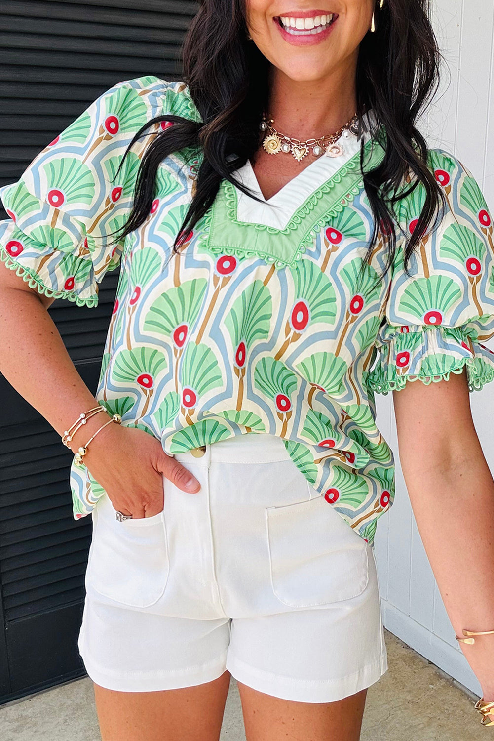 Green Floral Print Ricrac Trim Contrast V Neck Bubble Sleeve Summer Blouse Green 100%Polyester Blouses & Shirts JT's Designer Fashion