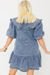 Dusk Blue Ruffled Collared Side Pockets Puff Sleeve Denim Mini Dress Mini Dresses JT's Designer Fashion