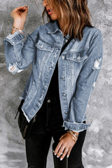 Sky Blue Lapel Distressed Raw Hem Buttons Denim Jacket Denim Jackets JT's Designer Fashion