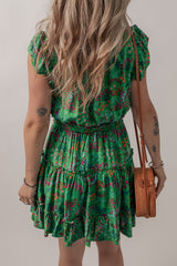 Green Floral Tie Split Neck Frilly Ruffle Trim Tiered Short Dress Floral Dresses JT's Designer Fashion