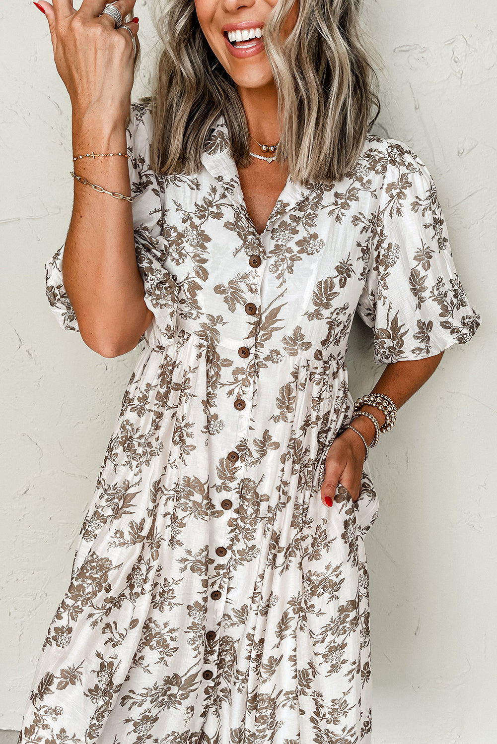 Khaki Floral Puff Sleeve V Neck Buttoned Front Long Dress Maxi Dresses JT's Designer Fashion