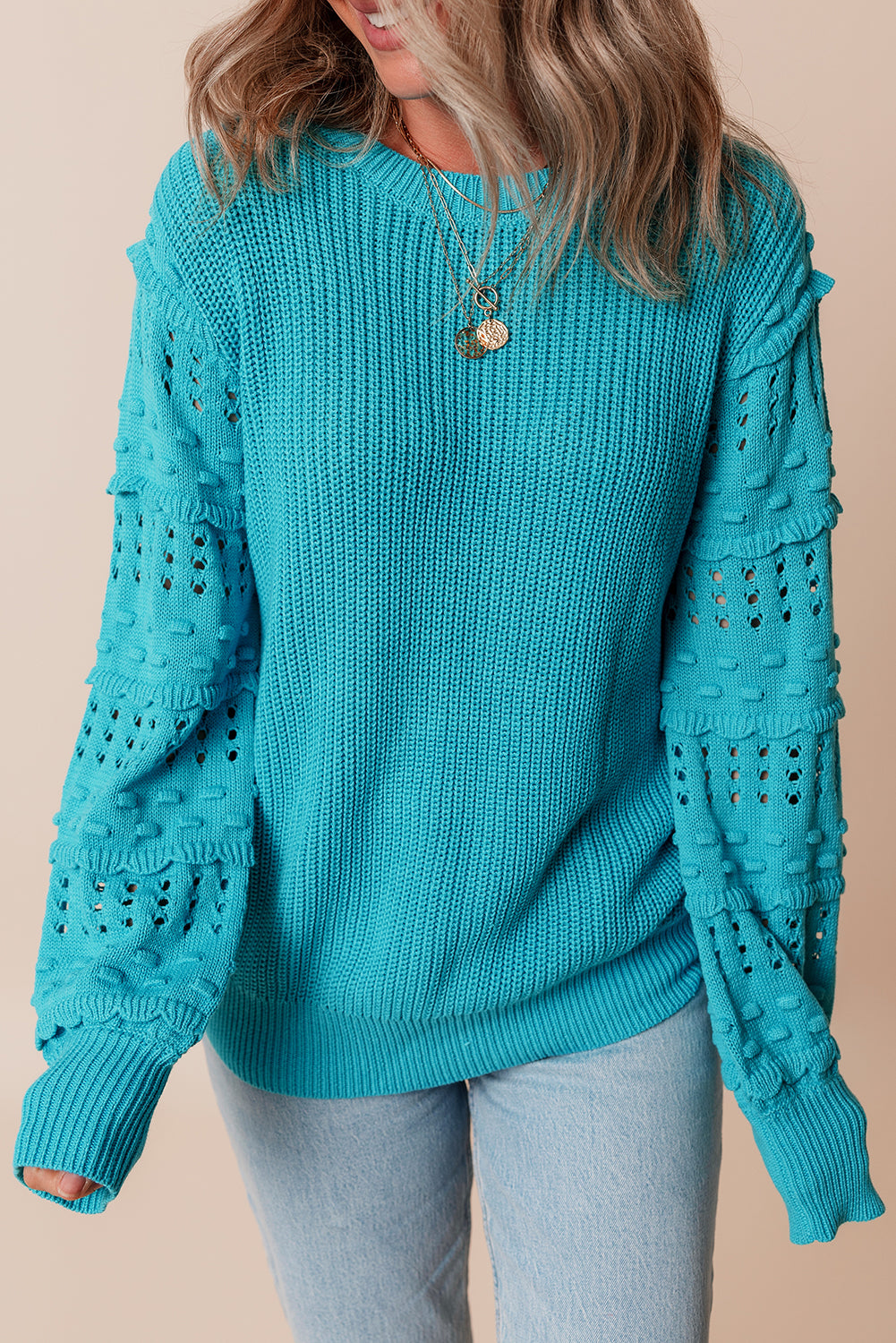 Turquoise Ruffled Eyelet Bubble Sleeve Sweater Sweaters JT's Designer Fashion