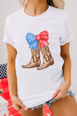 White Patriotic Bow Cowgirl Boots Printed Cotton Blend T Shirt Graphic Tees JT's Designer Fashion
