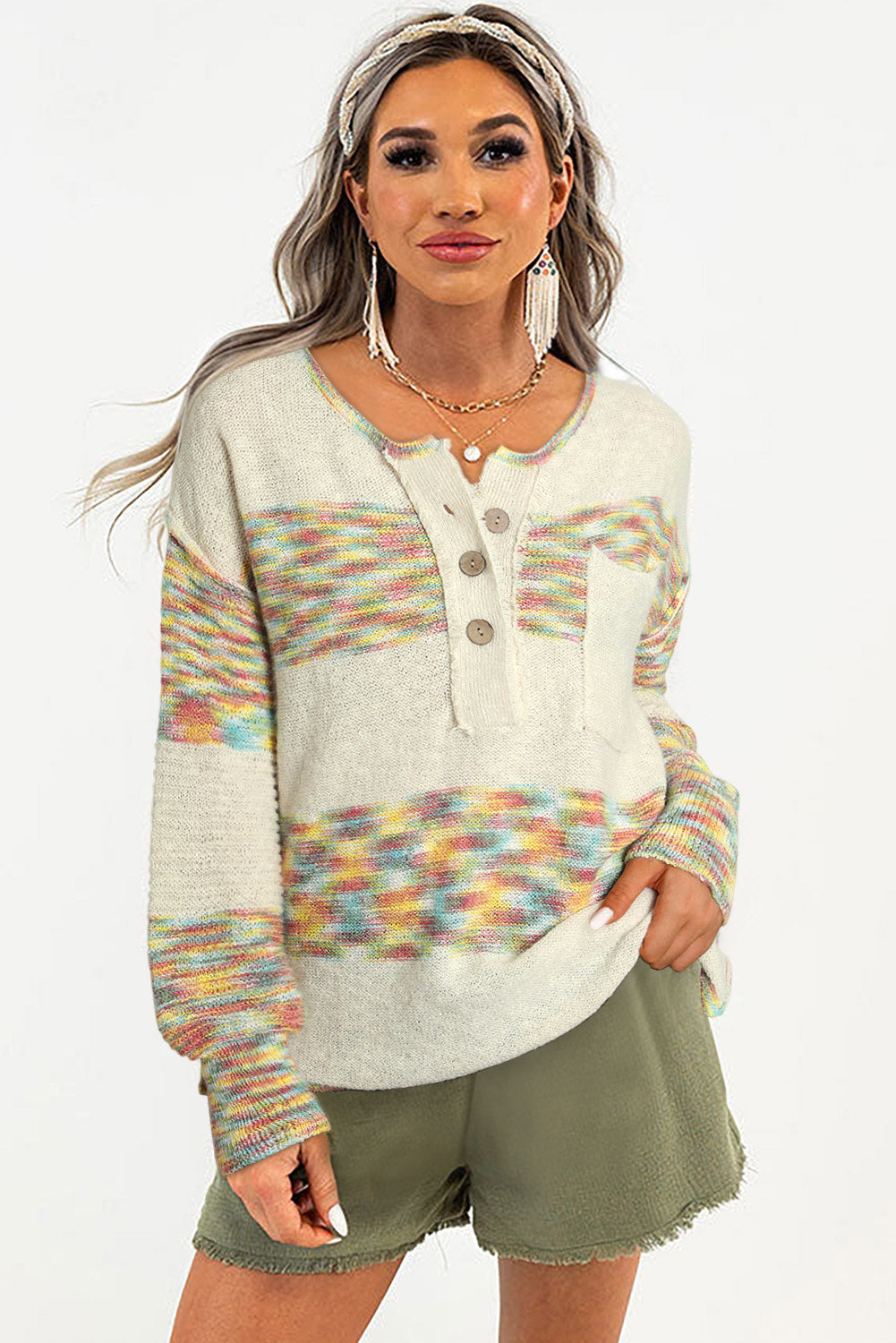 Multicolor Space Dye Henley Knit Sweater Sweaters & Cardigans JT's Designer Fashion