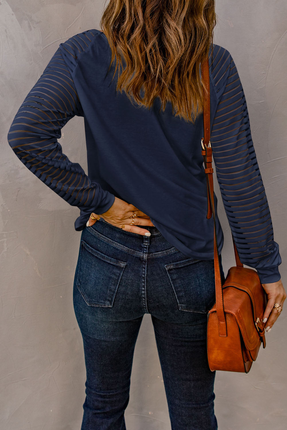 Blue Sheer Stripe V-Neck Top Long Sleeve Tops JT's Designer Fashion