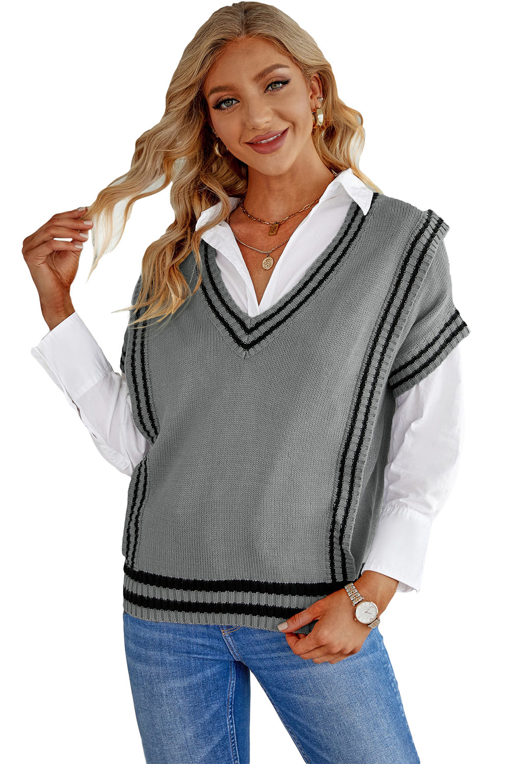 Gray V Neck Contrast Stripes Trims Short Sleeve Sweater Sweaters & Cardigans JT's Designer Fashion