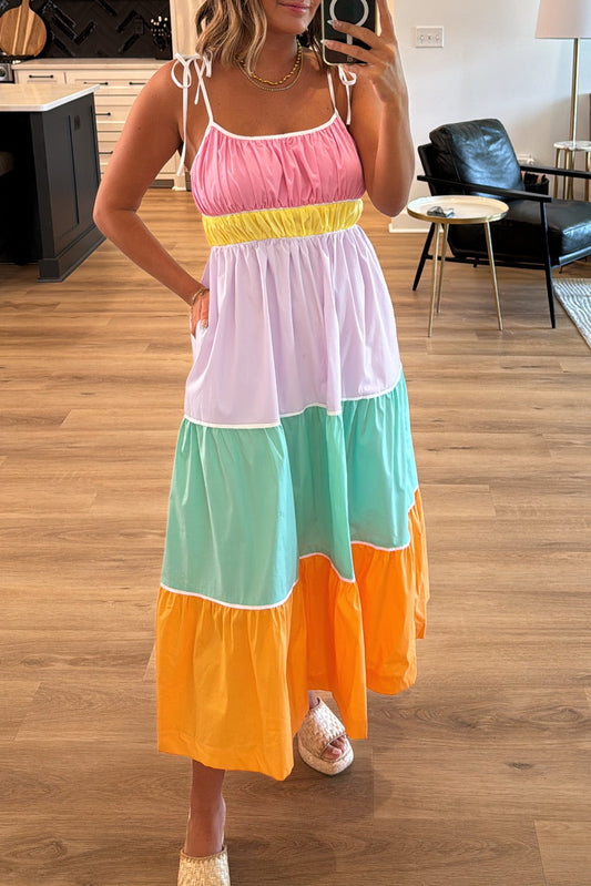 Multicolour Colorblock Self-tie Straps High Waist Flowy Long Dress with Pockets Maxi Dresses JT's Designer Fashion