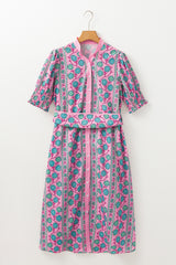 Pink Floral Shirred Puff Sleeve Buttoned Front Midi Dress with Sash Midi Dresses JT's Designer Fashion