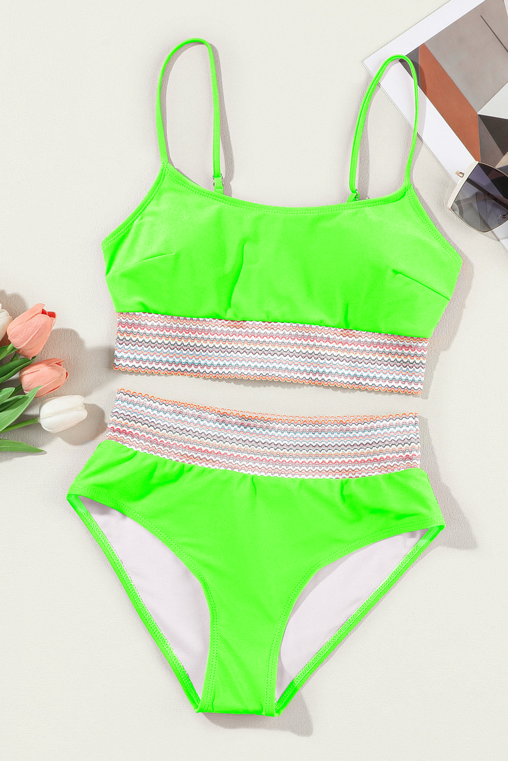 Green Striped Patchwork Spaghetti Strap High Waist Bikini Swimsuit High Waisted Swimsuit JT's Designer Fashion