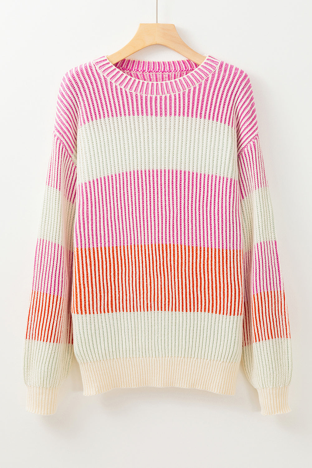 Pink Colorblock Textured Knit Bubble Sleeve Sweater Sweaters JT's Designer Fashion