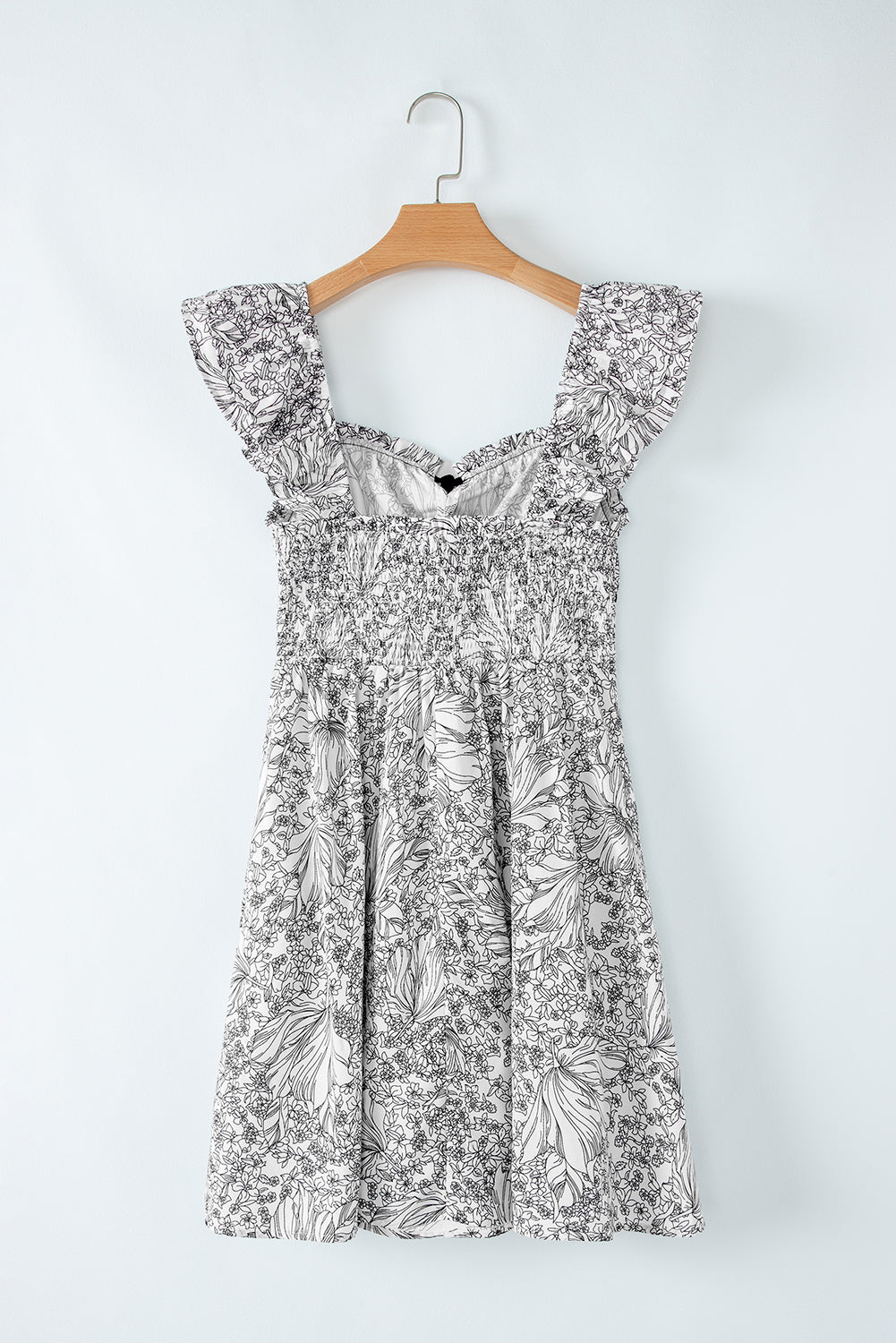White Floral Print Pipping Trim Flutter Sleeve Mini Dress Floral Dresses JT's Designer Fashion