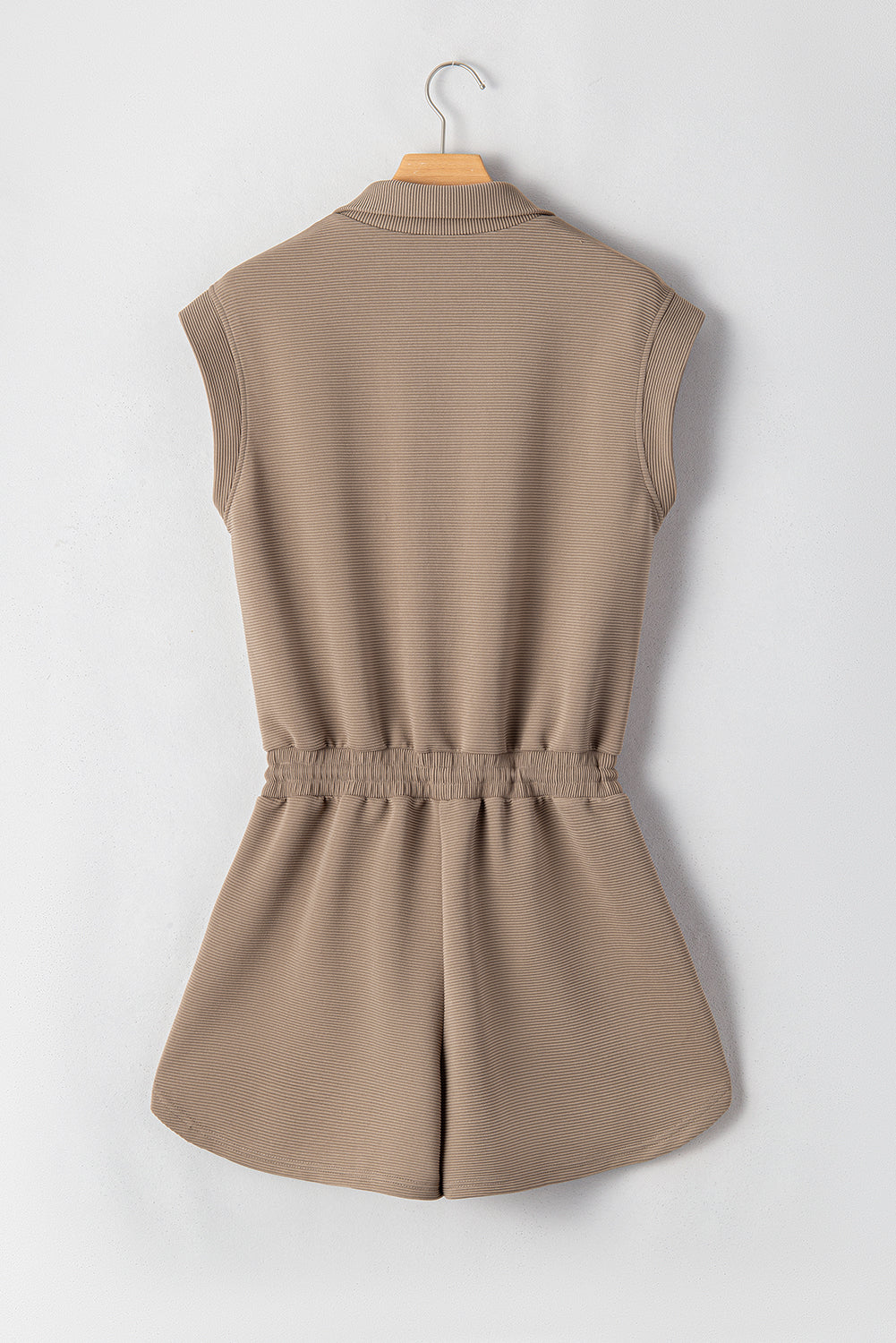 Dark Khaki Textured Short Sleeve Half Zip Drawstring Waist Romper Jumpsuits & Rompers JT's Designer Fashion