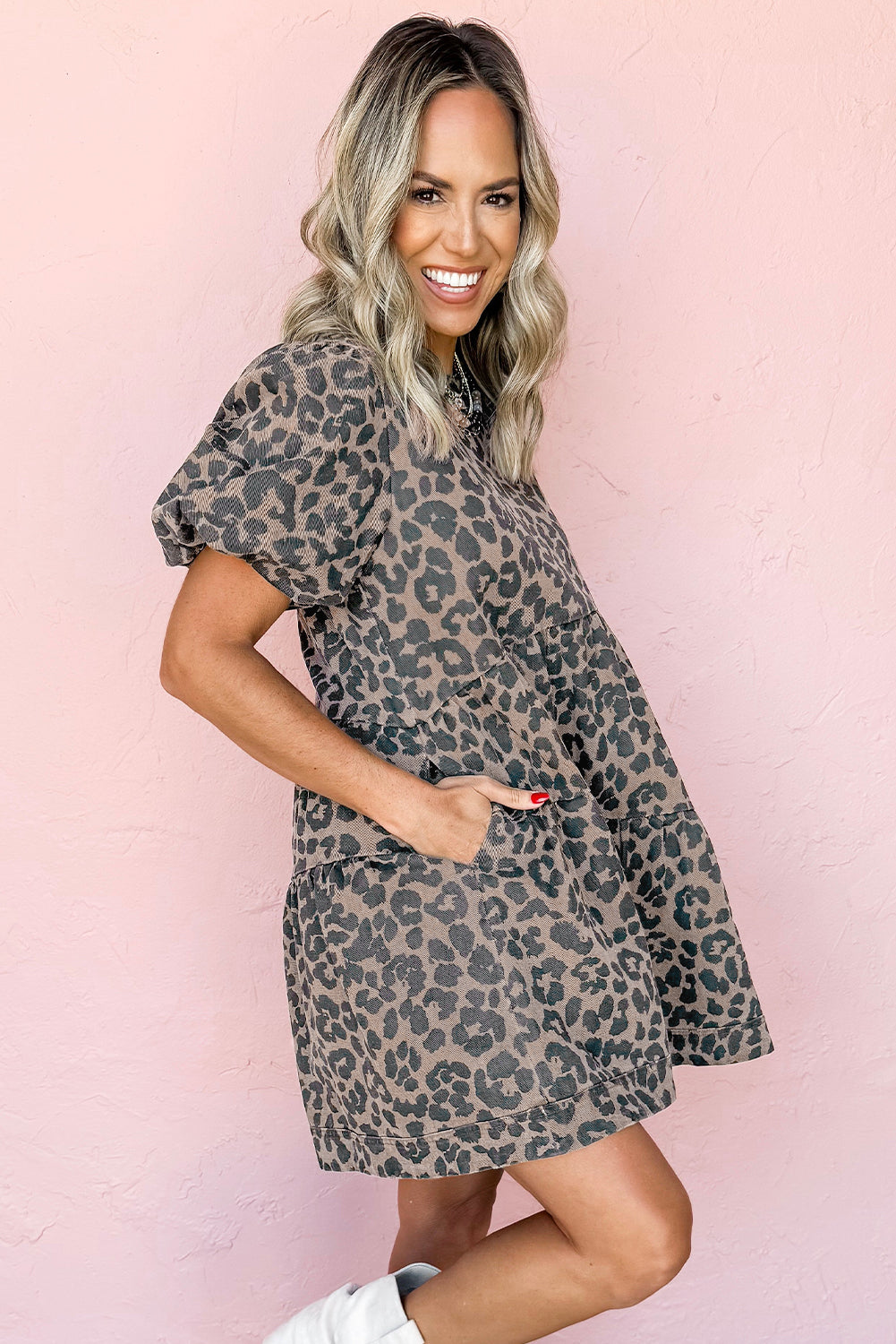 Brown Denim Leopard Printed Short Puff Sleeve Mini Dress Mini Dresses JT's Designer Fashion