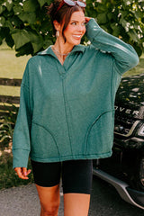 Evergreen Exposed Seam Collared Pocketed Loose Sweatshirt Sweatshirts & Hoodies JT's Designer Fashion