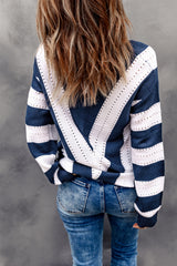 Blue Striped Colorblock V Neck Knitted Sweater Sweaters & Cardigans JT's Designer Fashion