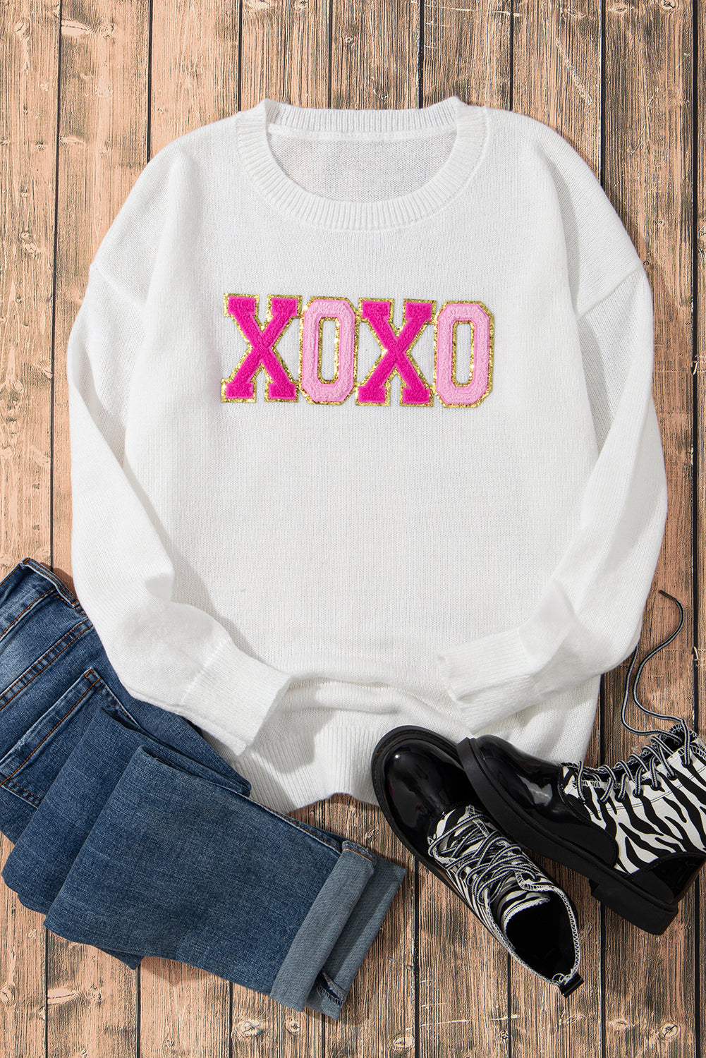 White XOXO Glitter Print Round Neck Casual Sweater Sweaters JT's Designer Fashion