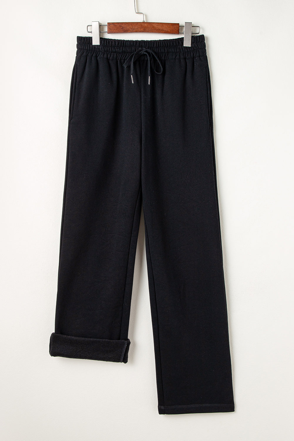 Black Solid Color Fleece Lined Drawstring Waist Casual Pants Pants & Culotte JT's Designer Fashion