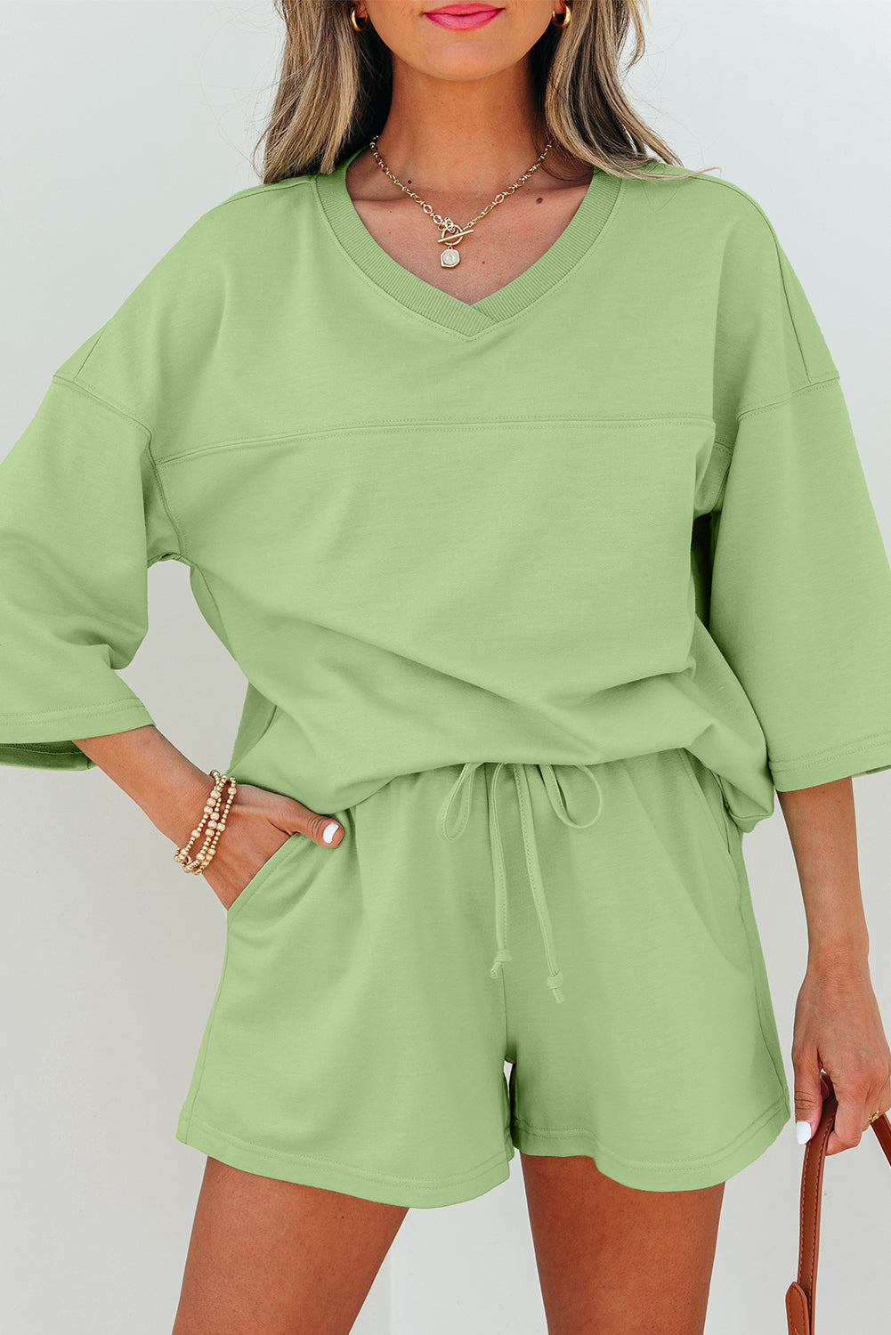 Meadow Mist Green Solid Loose V Neck Half Sleeve Tee and Shorts Short Sets JT's Designer Fashion