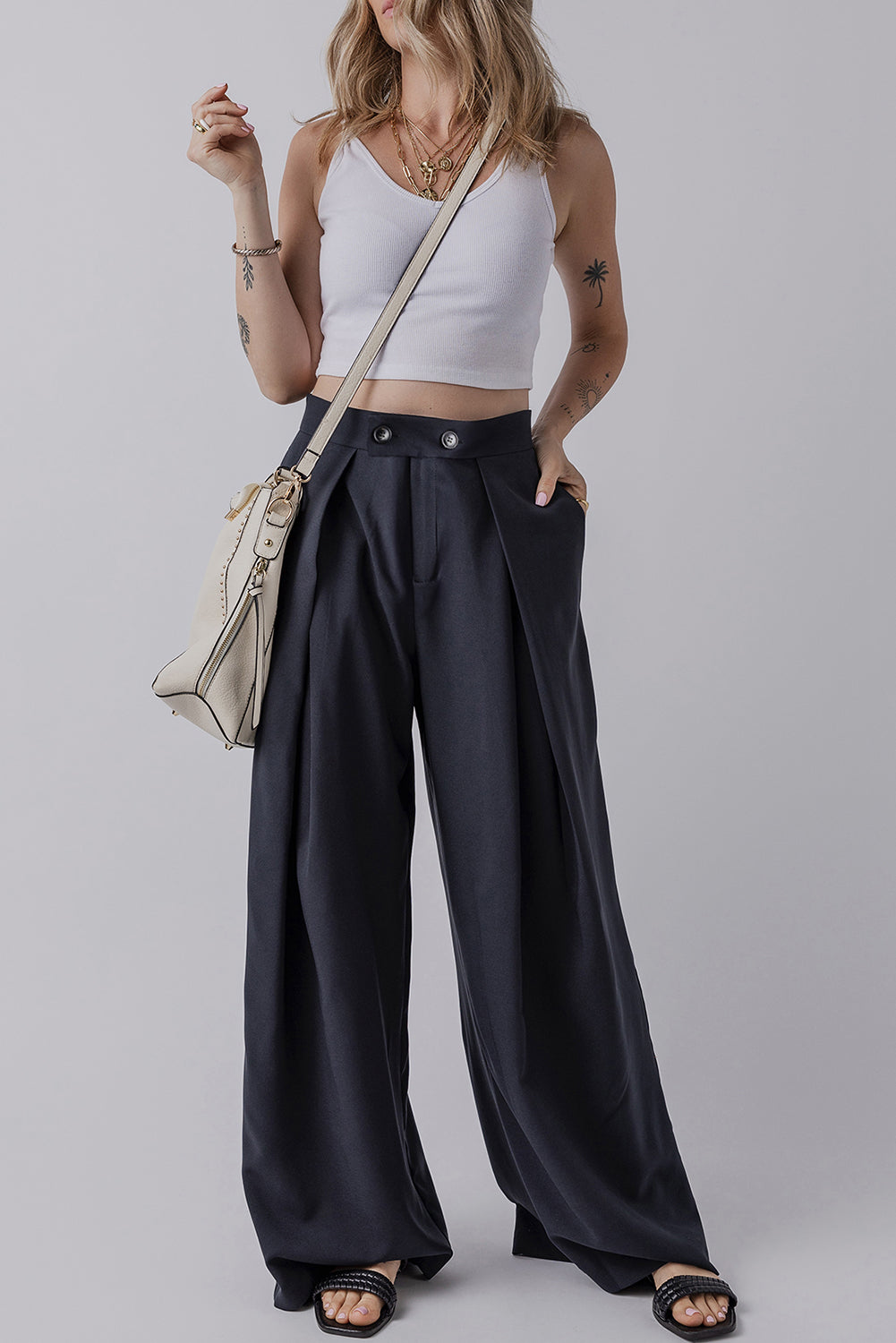 Dirty blue Dual Buttoned High Waist Pleated Wide Leg Pants Pants & Culotte JT's Designer Fashion