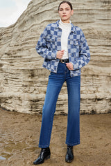Light Blue Checkered Patchwork Button up Denim Jacket Denim Jackets JT's Designer Fashion