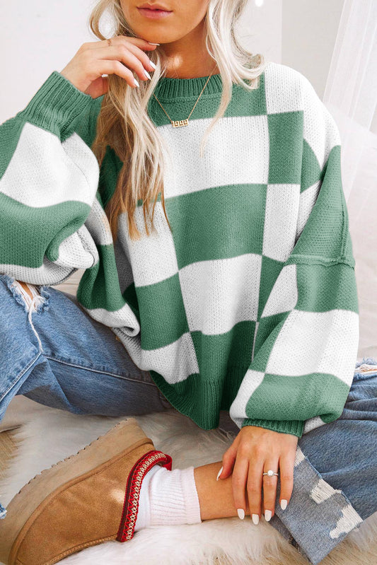 Green Checkered Bishop Sleeve Sweater Green 100%Acrylic Sweaters JT's Designer Fashion