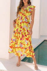 Yellow Cheetah Plant Print Shirred Button V Neck Long Dress Maxi Dresses JT's Designer Fashion