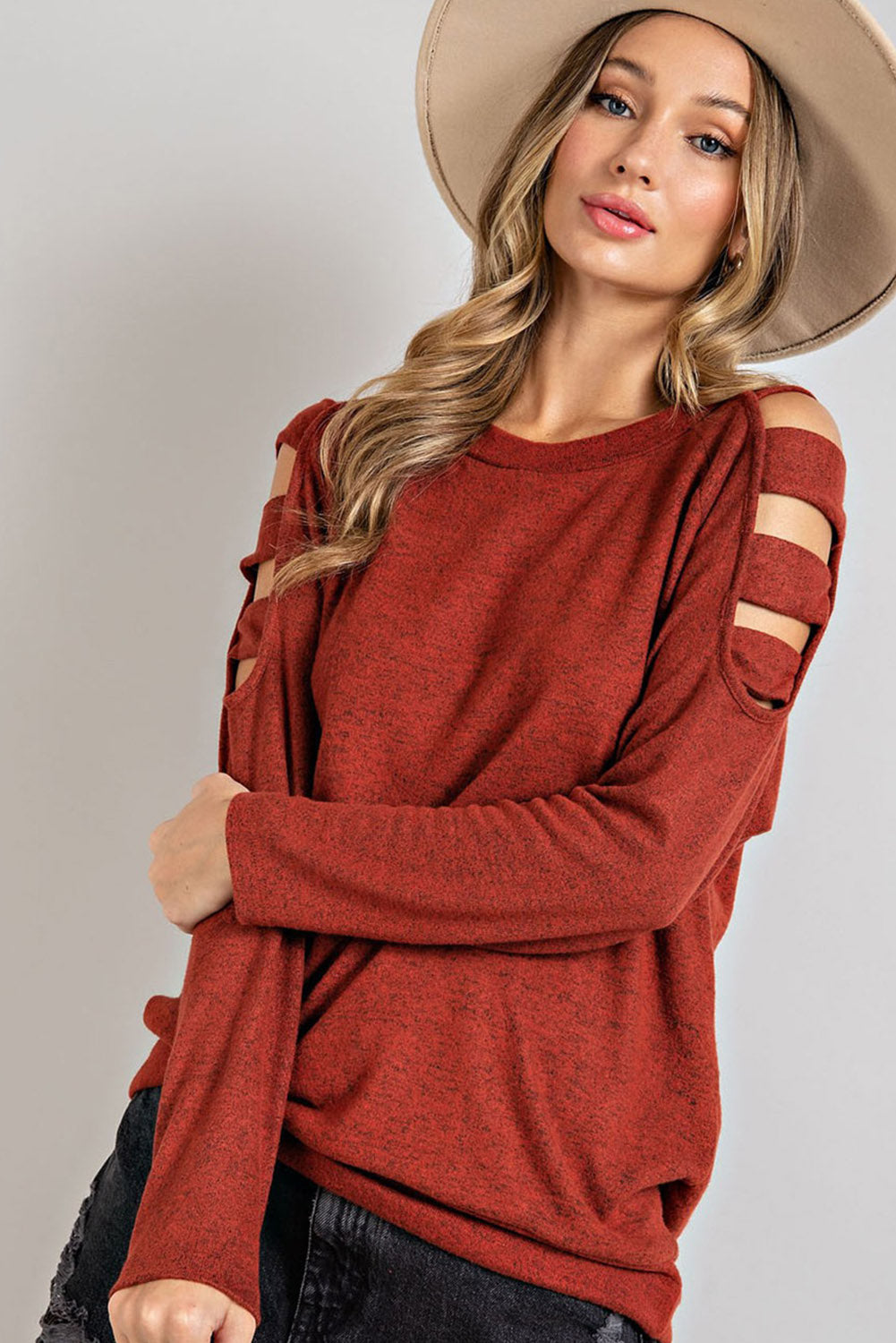 Orange Cutout Cold Shoulder Long Sleeve Top Long Sleeve Tops JT's Designer Fashion